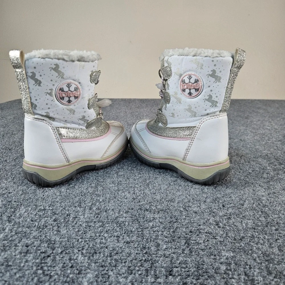 Totes Toddler Girls Bambawhite Unicorn Glitter‎ Snow Boots White Silver Size 7T